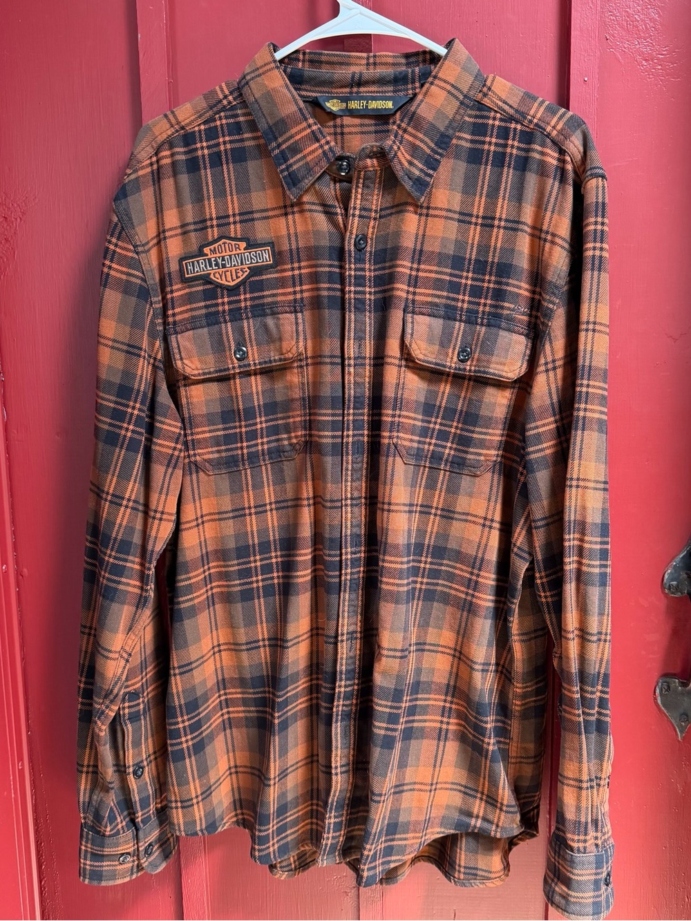 Harley Davidson Orange & Black Plaid Flannel Shirt